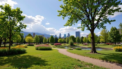 Fototapeta premium a large urban park acting as a climate sponge absorbing carbon cooling the city and supporting mental health with nature no special characters punctuation or marks used