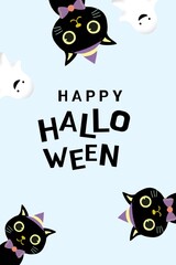 A cheerful Halloween themed background illustration featuring two cute black cats and two floating white ghosts. Suitable for social media, phone wallpapers, greeting cards, or promotional materials.