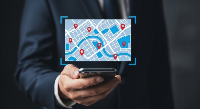 
Businessman using smartphone searching world map with location point, GPS app, Destination travel maps and find places in the online system, searching by satellite system. 