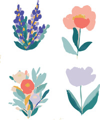 Vintage flowers painting, set of elements, pretty, colorful, delicate, nostalgic floral handmade set of vector graphics