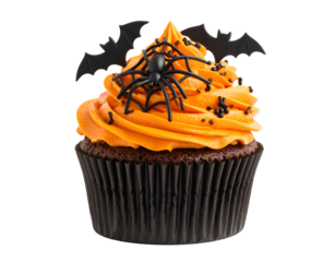 Halloween cupcake with spooky decorations isolated on transparent background