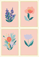 Purple and peach, Gift card set, frame layout, vintage flowers painting, pretty floral design with panels and borders, soft colors, delicate feminine