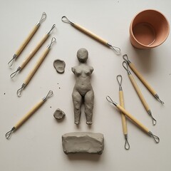 Clay sculpture of a woman's torso surrounded by sculpting tools and raw clay, with a terracotta pot in the background.