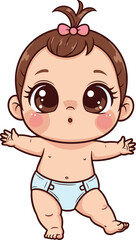 Cartoon baby girl standing in diaper, pink bow, adorable toddler character, cute vector illustration, playful pose, nursery art, child icon