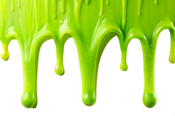 Bright green viscous liquid dripping and flowing, isolated on transparent background