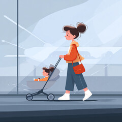Flat vector illustration of a mother pulling a pram with her small baby through an airport terminal. Modern travel scene depicting family travel culture, parenthood, mobility. traveling with a child