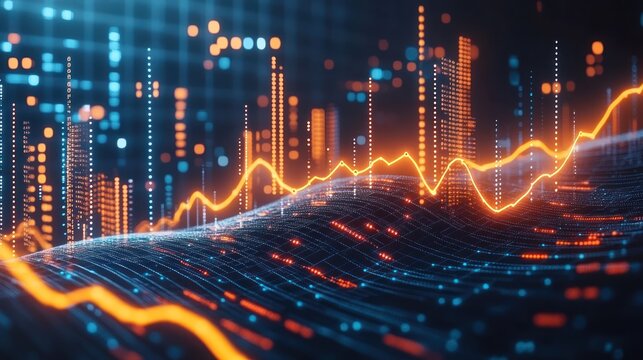 Digital Stock Market Data Visualization with Bright Orange and Blue Graphs