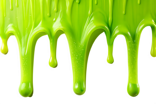 Bright green viscous liquid dripping and flowing, isolated on transparent background - Powered by Adobe