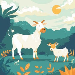 Mother Goat and Kid in Lush Green Meadow: A Serene Pastoral Scene