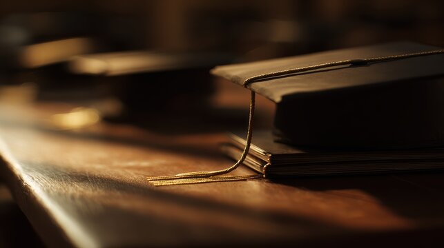 Stacked graduation hats with shallow depth of field under golden hour side lighting on wooden background