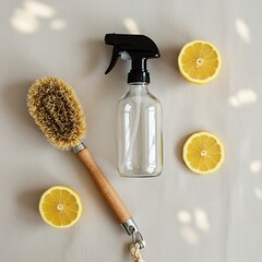 Natural cleaning supplies, lemon juice, and cleaning brush on a light beige surface.