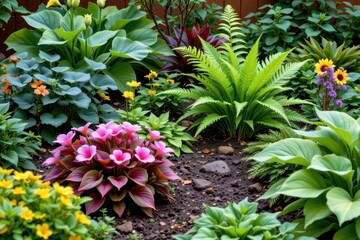 moist rich soil garden with shade tolerant plants like ligularia ferns and bergenia chosen for bold foliage and lush green appearance no punctuation marks in this prompt