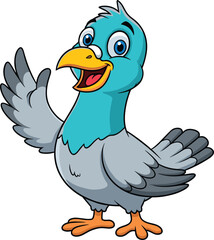 Cheerful cartoon pigeon with outstretched wings, blue feathers, yellow beak, happy bird character illustration, isolated vector artwork, children’s design