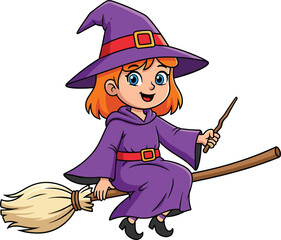 Cartoon witch flying on broomstick, Halloween fantasy character, purple robe, orange hair, magic wand, spooky costume, child-friendly vector art
