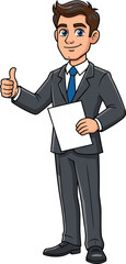 Confident businessman in suit holding document, thumbs up gesture, corporate professional, business success, office executive, isolated white background