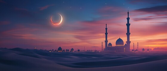 Majestic Mosque at Sunset: A Breathtaking Arabian Nightscape