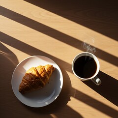 A croissant and a cup of coffee on a light wooden table, bathed in sunlight.