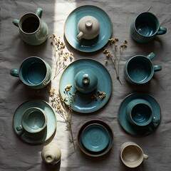 A curated arrangement of handcrafted teal and cream ceramic mugs, saucers, and plates, illuminated by natural light.