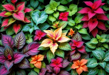 Fototapeta premium decorative foliage plants like caladium coleus and bromeliads arranged by color and size for a lush garden with visual contrast no punctuation or unusual marks included