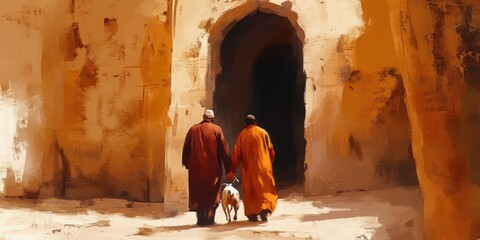 Desert Gateway: Two Figures and a Dog Walking Through Ancient Archway