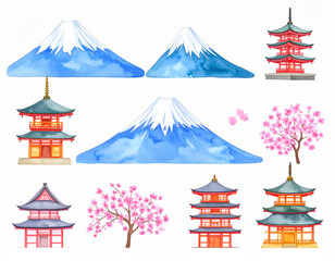 Fototapeta premium 富士山 生成AI 水彩 アイコン