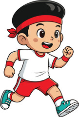 Energetic cartoon boy running in red and white sportswear, fitness vector illustration, active child, exercise artwork, healthy lifestyle concept