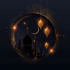 Majestic Mosque Silhouette Under Night Sky with Golden Lanterns and Intricate Frame