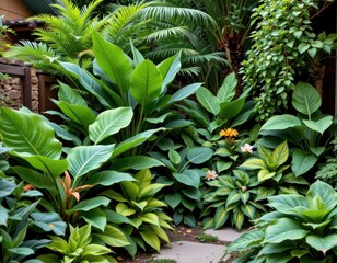 backyard filled with tropical greens using colocasia gingers and large leaf perennials selected for a humid lush effect no special characters or punctuation symbols