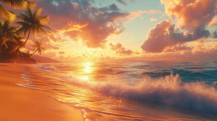 Serene sunset over tropical beach with gentle waves