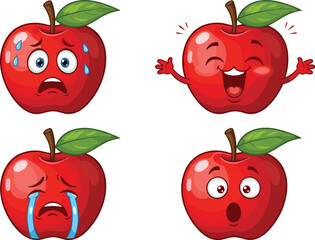 Four cartoon apples with different emotions, cute fruit characters, sad happy surprised crying expressions, isolated vector illustration, white background artwork