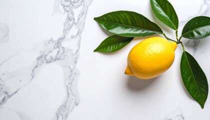 Vibrant yellow lemon with fresh green leaves rests on a clean white marble surface, evoking natural freshness and purity.