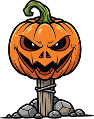 Halloween pumpkin scarecrow with angry jack-o'-lantern face, wooden post, eerie decoration, spooky autumn harvest, creepy outdoor ornament, festive garden scene