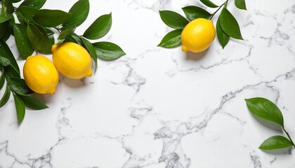 Fresh lemons with vibrant green leaves artfully arranged on a classic marble surface