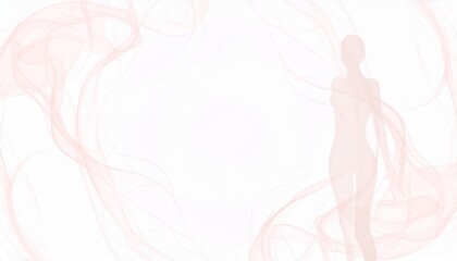 Ethereal feminine silhouette emerges through flowing blush fabric, evoking grace and gentle beauty