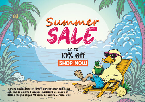 Summer time vector flyer, banner template. It's summer time animals illustration theme. dog, cat, touchan, flamingo, duck, bear, and tropical and beach theme