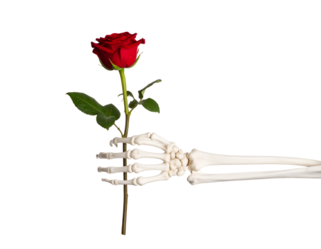 Skeleton hand holding a rose isolated on transparent background