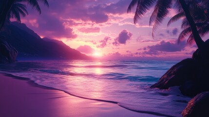 Serene sunset over tropical beach with palm trees