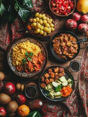 Flat lay of Eid al-Adhaa traditional food: ketupat, rendang, and fruits, festive mood --ar 3:4 --v 6.1 Job ID: 8a99fe8c-6903-49b9-b15d-5d0b1817fb8b