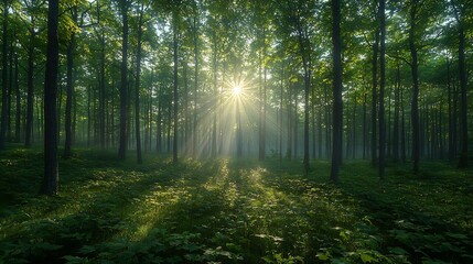 Obraz premium Ethereal maple tree forest early morning sunbeams piercing mist wide angle lens depth sharp focus leaves to distant trunks f8 inspired landscape clarity photoreal textures and rich natural shadows