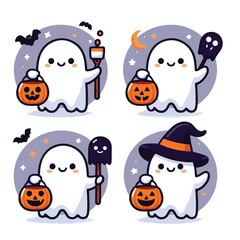 Cute ghost holding trick-or-treat bucket