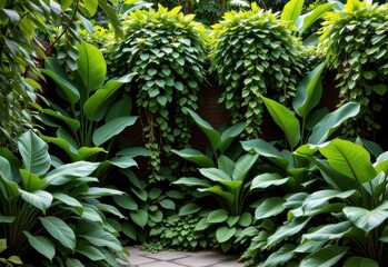 tropical retreat garden with dense clusters of leafy plants including gingers elephant ears and trailing vines for depth no punctuation or special characters in this prompt