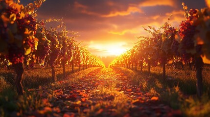 Serene sunset over vibrant vineyard with autumn leaves