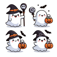 Cute ghost holding trick-or-treat bucket