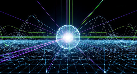 An abstract visualization of a glowing energy core on a data grid with colorful light waves.