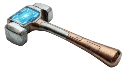 Futuristic hammer with digital display screen on its head, blending traditional design with advanced technology. metallic finish and glowing interface suggest innovation and power., isolated