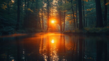 Serene sunset reflecting on a tranquil forest lake