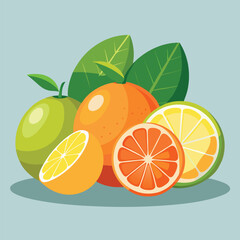 Vibrant citrus fruits, including fresh oranges and lemons, are a healthy and sweet tropical food illustrated with a ripe leaf