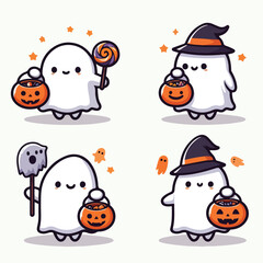 Cute ghost holding trick-or-treat bucket