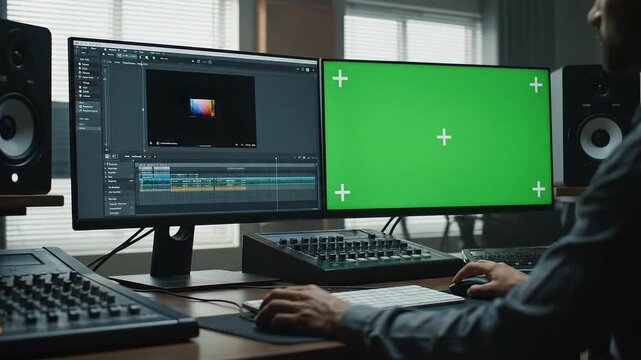 Creative workflow in a post-production studio with an editor using a dual monitor setup and a chroma key green screen.