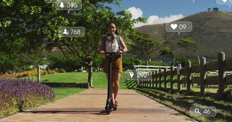 Woman gliding electric scooter down brick path summoning social media metrics rising around her - Powered by Adobe